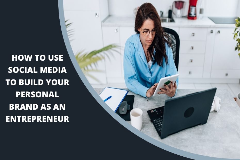 An entrepreneur using a smartphone and laptop to manage social media profiles, showcasing personal branding efforts.