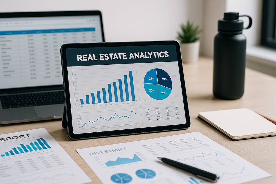 A workspace with tablet showing real estate analytics, beside laptop and paperwork, symbolizing digital real estate investing.