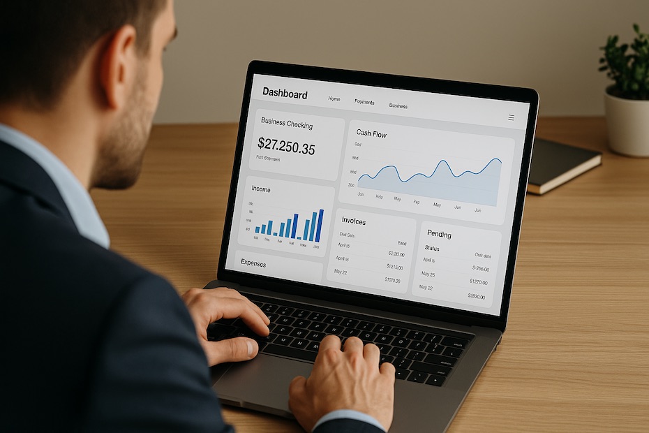 Entrepreneur reviewing fintech platform dashboard with business analytics and payment data.