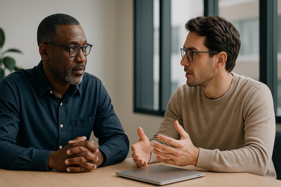 Mentor and startup founder engaged in a focused conversation inside a modern workspace.