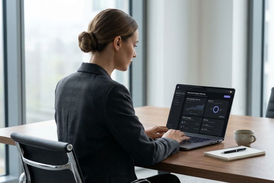 HR manager reviewing mentorship software tools on a laptop with program dashboards and calendar scheduling.