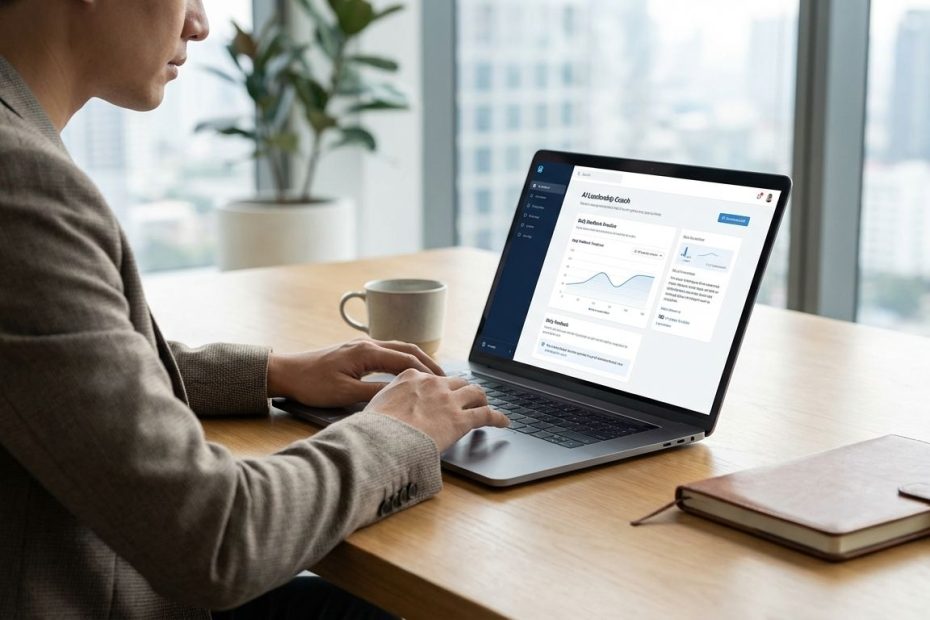 Manager using an AI coaching platform on a laptop to prepare for a leadership 1:1 conversation