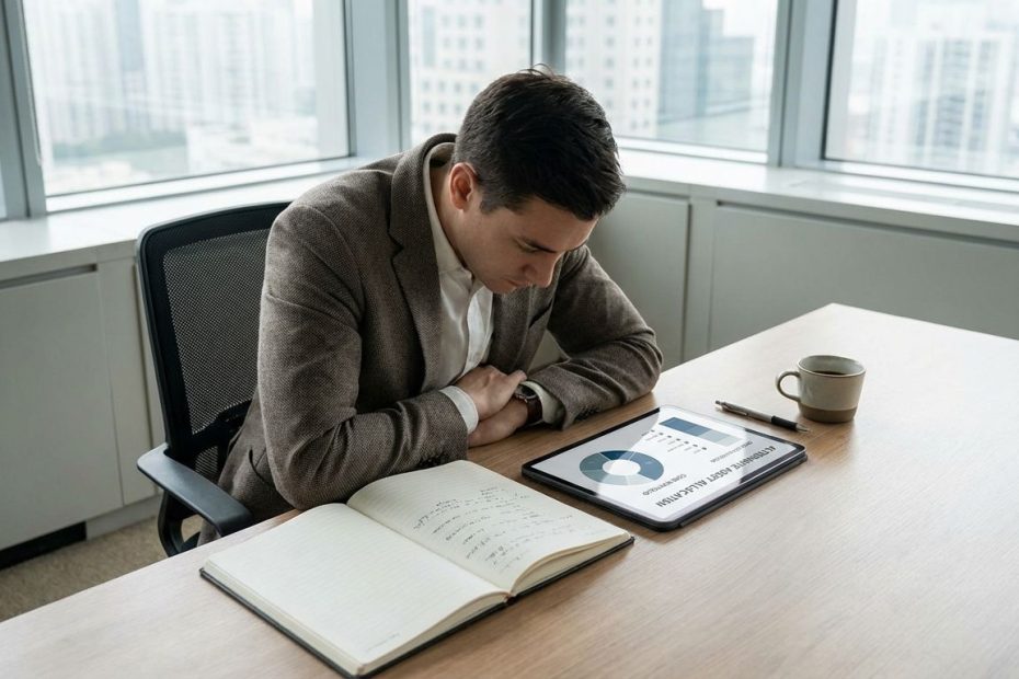 Investor reviewing a diversified portfolio plan with alternative assets alongside stocks and bonds