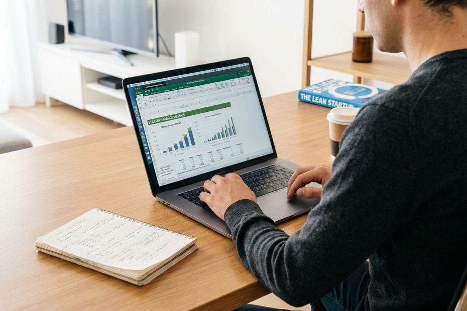 Founder reviewing startup finance metrics like burn rate, runway, and cash flow on a laptop