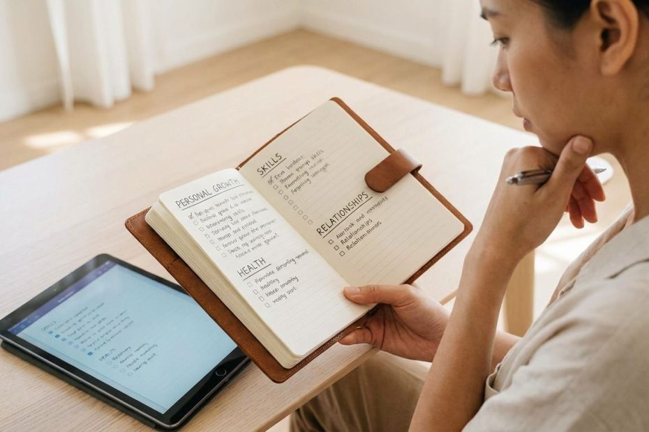Person writing personal development goals in a notebook while planning what to improve first